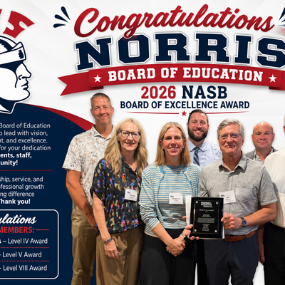 Picture of the Norris Board of Education with recognition plaque. Graphic contains summary information from full article.