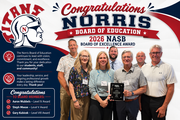 Picture of the Norris Board of Education with recognition plaque. Graphic contains summary information from full article.